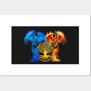 Fantasy Fire And Ice Phoenix Gold Tree Of Life Posters and Art